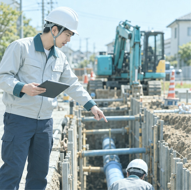 工事現場で、溝の中の作業員に声をかける施工管理の社員