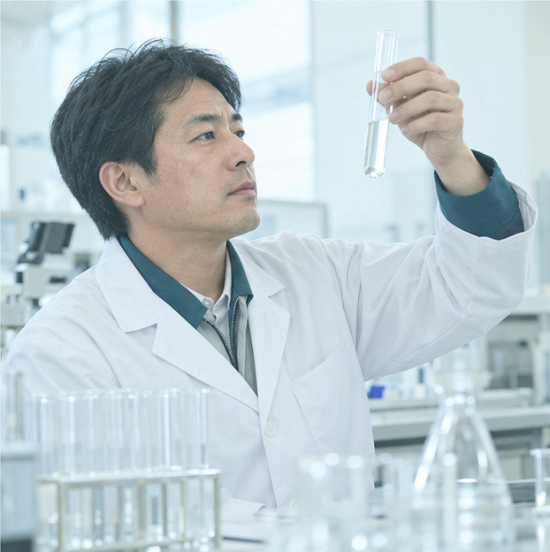 検査室で水の入った試験管を見る社員
