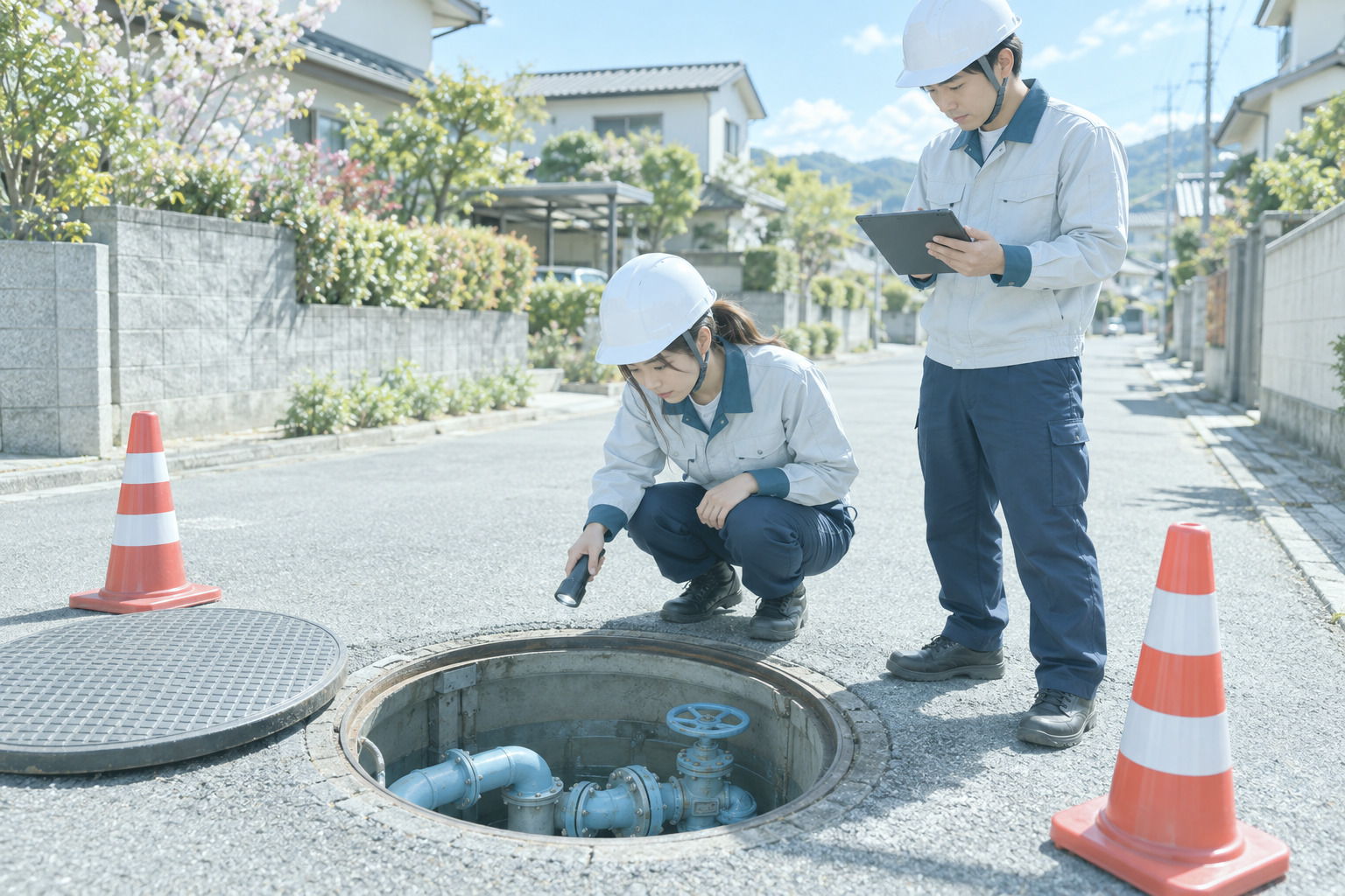 道路のマンホールを開けて、中の管とバルブを点検する社員