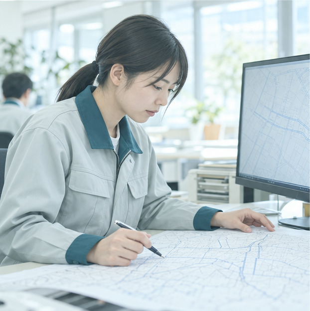 机で地図と管の図面を見比べる設計の社員