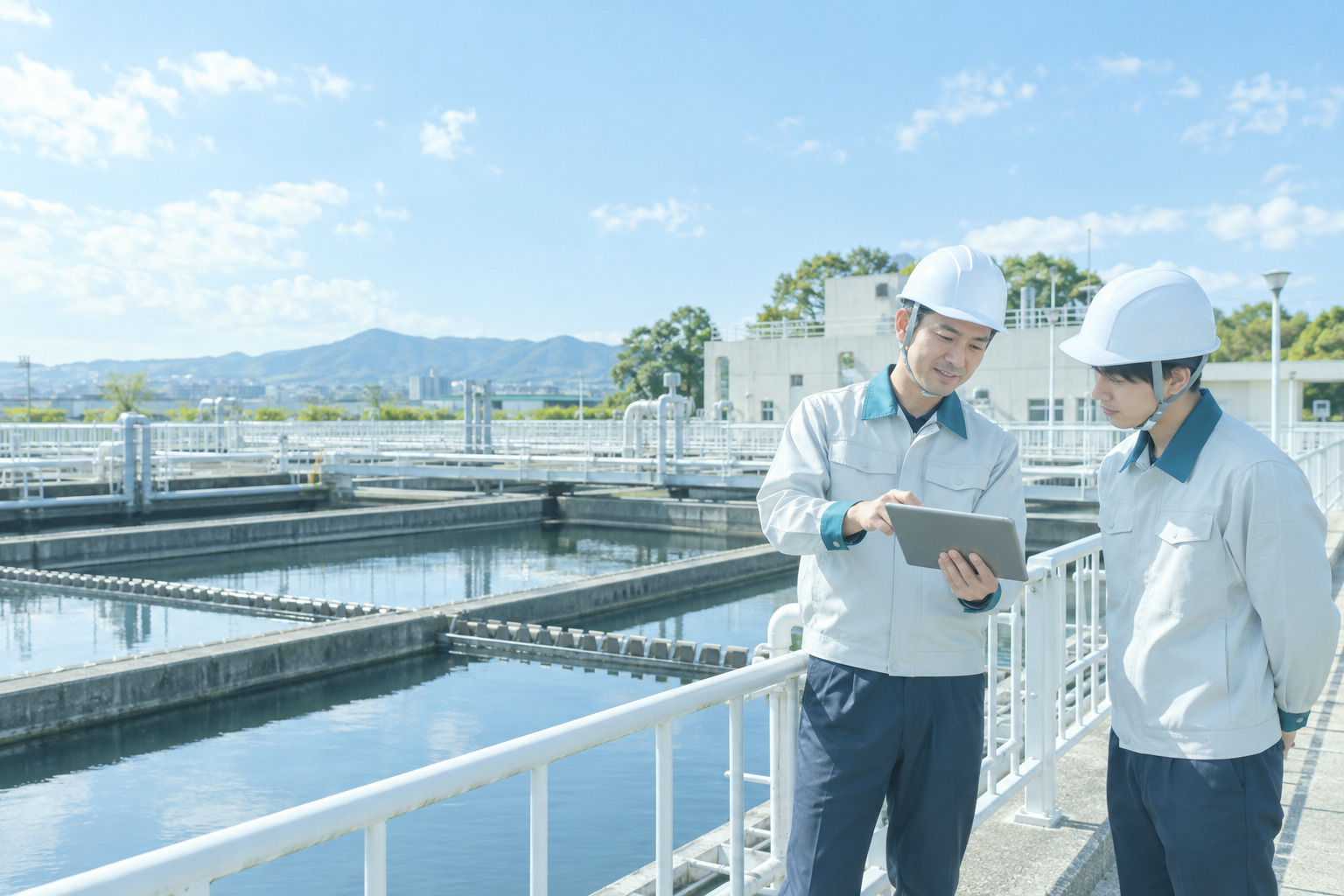 浄水場の通路で後輩に話す先輩の社員
