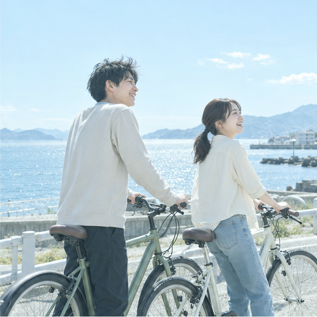 休日に海辺の道で自転車を止めて海をながめる社員