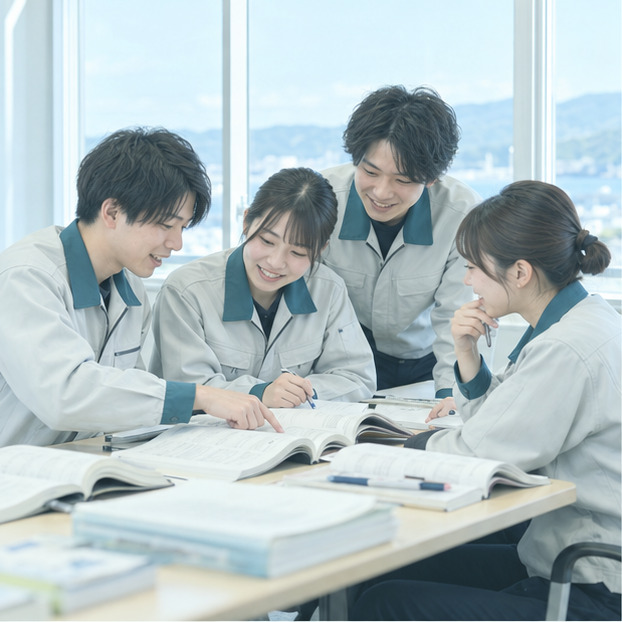 若手社員が資格の勉強を教え合う