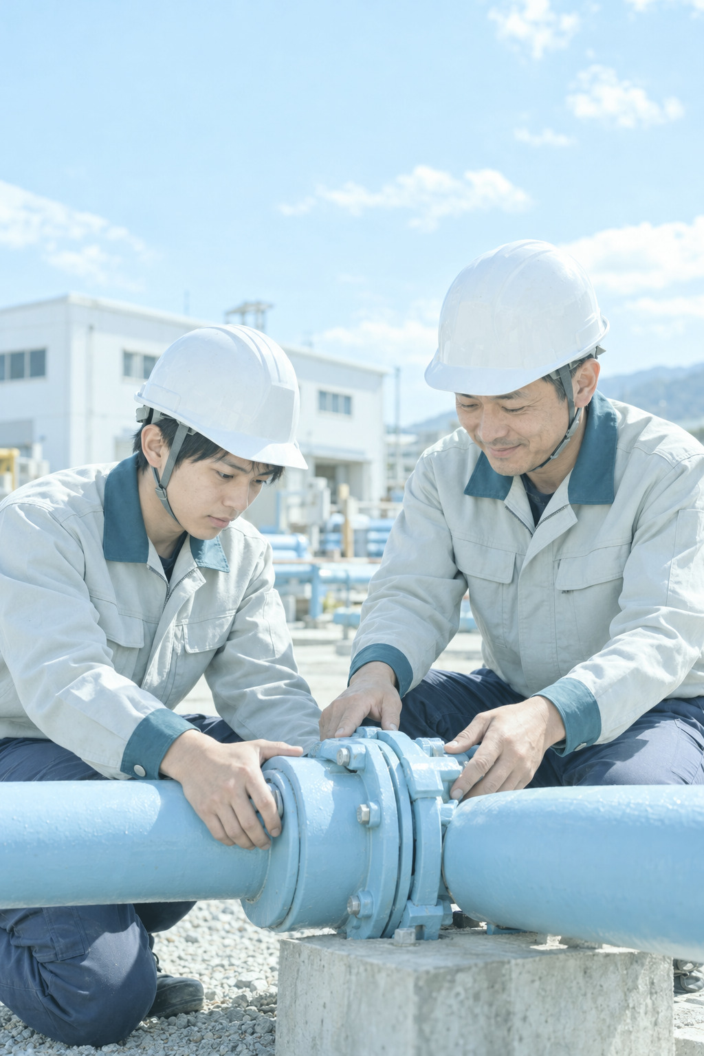 先輩が新人に管のつなぎ方を教える研修