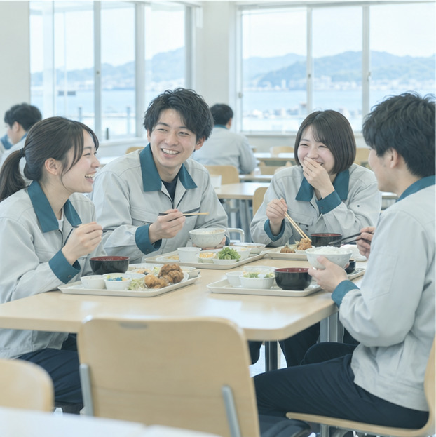 社員食堂で昼ごはんを食べながら話す社員