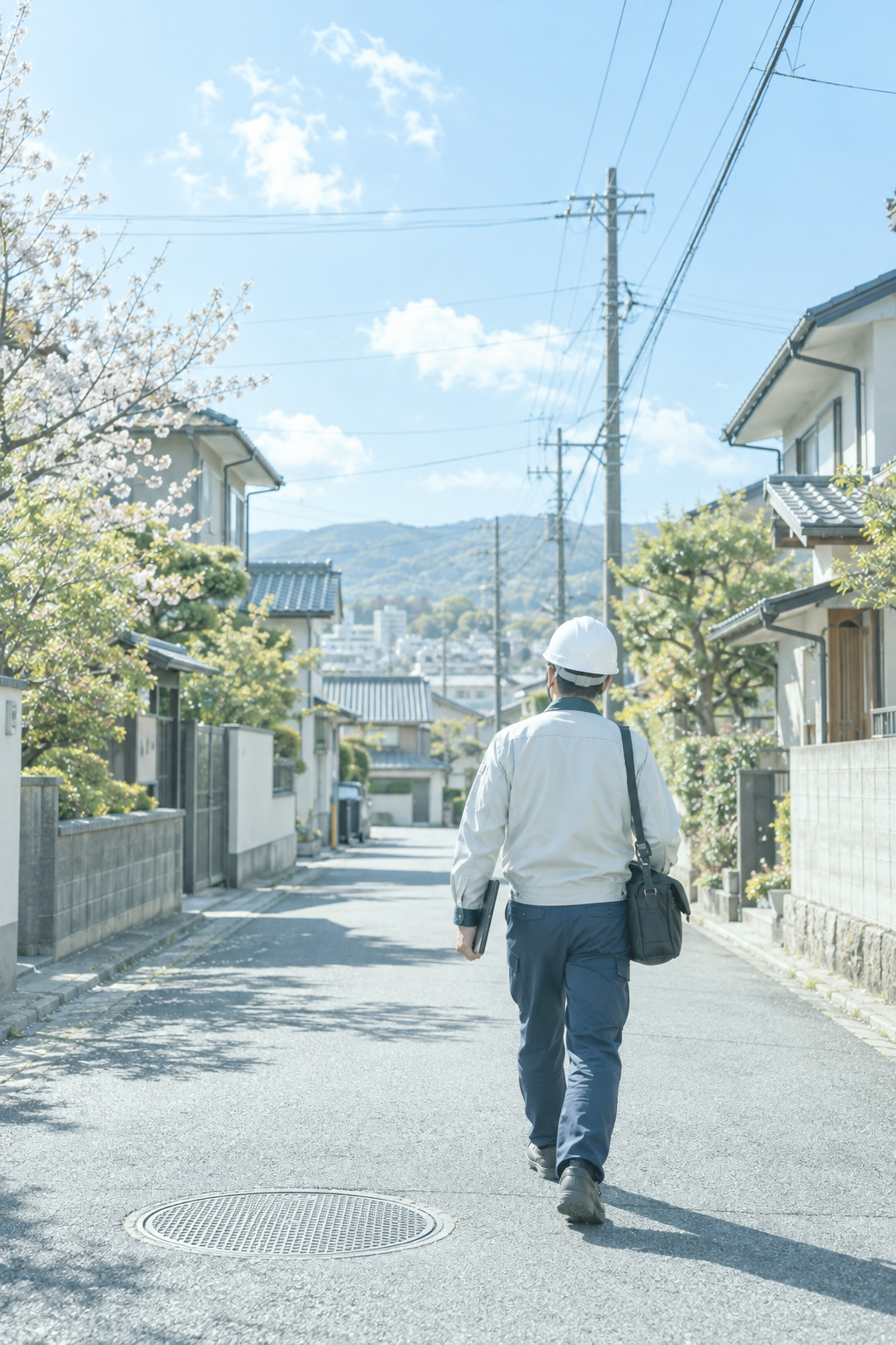 朝の住宅街の道路を、工具のかばんを下げて歩く職員